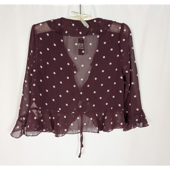 Mandee Blouse M Women's Purple Polka Dot Vneck Tie Front Sheer Ruffles Girly - Picture 4 of 6